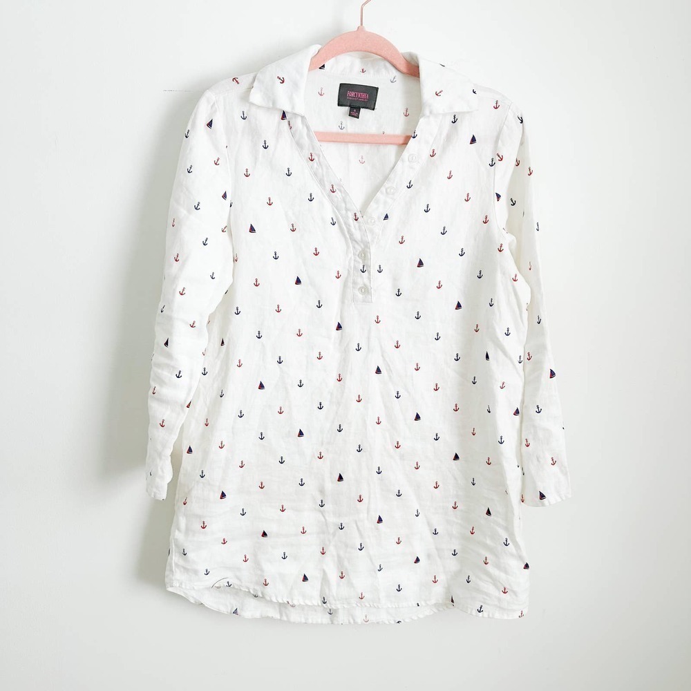 For cynthia White Linen Nautical Anchor Print Collared Beach Tunic Top sz Small